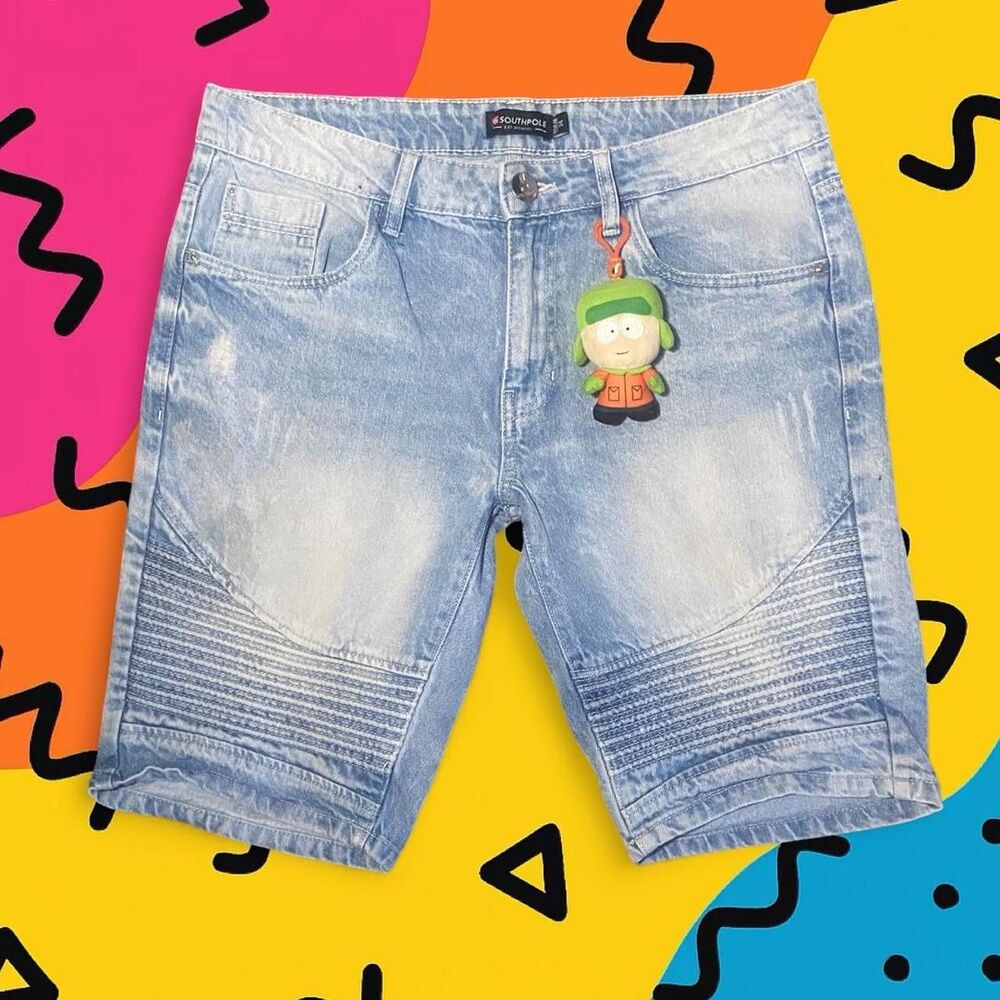 🧊 Y2K South Pole Moto Denim Jorts – Light Wash Faded Shorts (34)